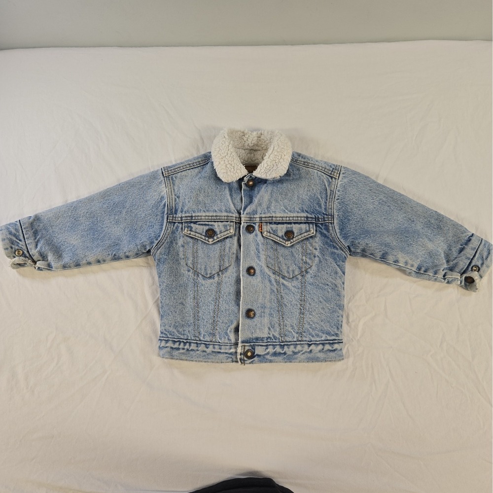 Vintage Little Levis 5T Denim Trucker Jacket Fleece Sherpa USA Made Orange Tab